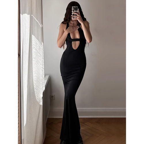 Damen figurbetontes Maxikleid mit tiefem V-Ausschnitt und elegantem Schlitz EB