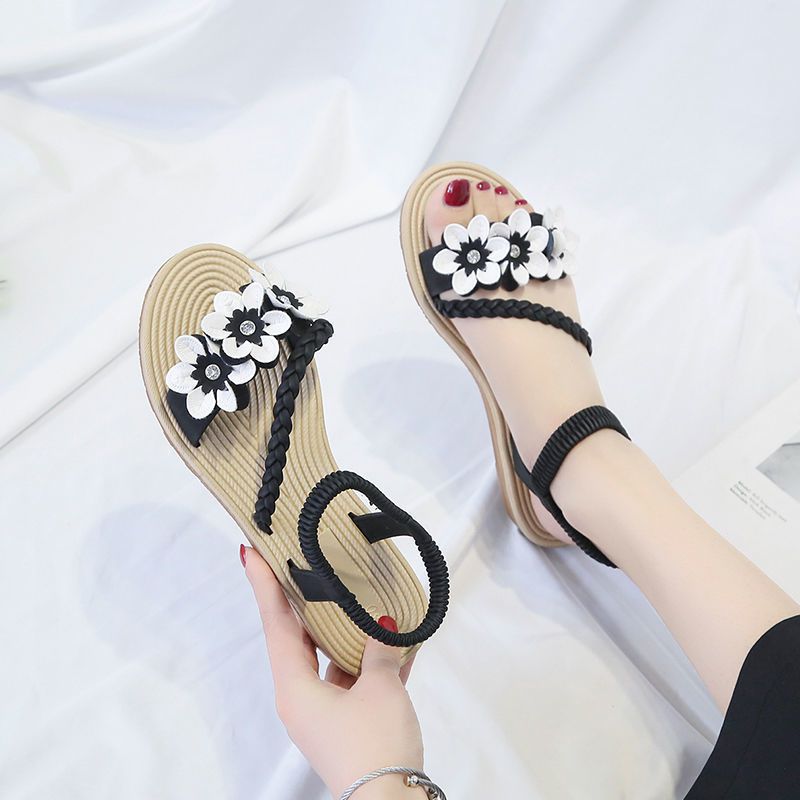 Damen Sandalen mit floralen Applikationen und elastischem Riemendesign EB