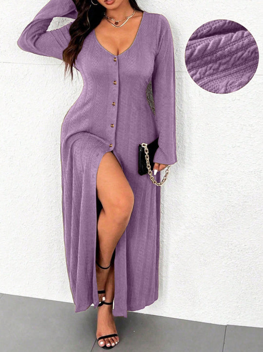 Damen Maxikleid mit innovativem Knopfdesign und tiefem Schlitz EB