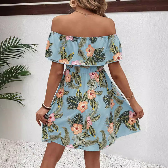 Damen Off-Shoulder Kleid mit floralem Muster und elastischem Taillenzug EB