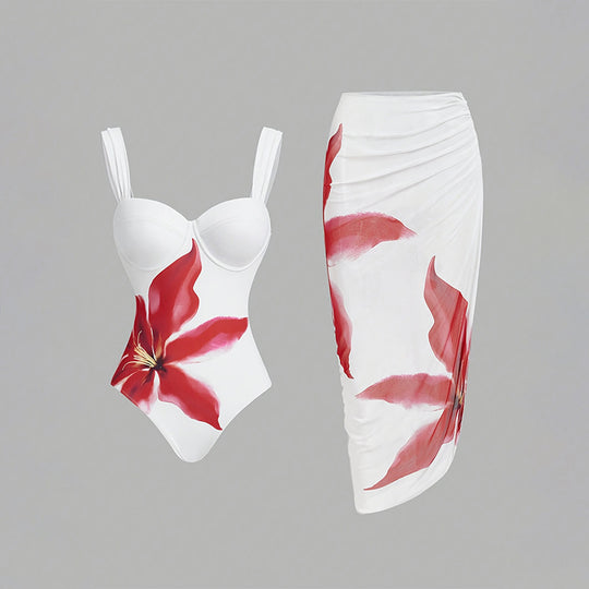 Damen Einteiliger Badeanzug mit stilvollem Blumenmuster und passendem Wickelrock EB