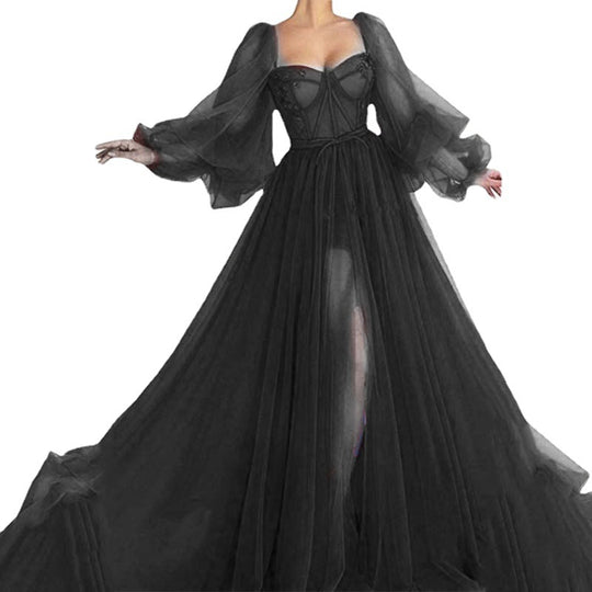 Damen Tüll Abendkleid mit voluminösen Ärmeln und seitlichem Schlitz EB