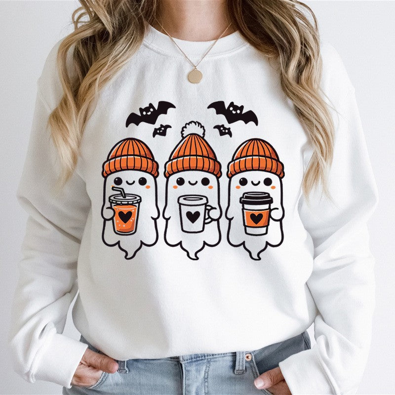 Damen nan gemütlicher Halloween Grafikpullover mit niedlichen Geist-Motiven, Rundhalsausschnitt und weichem Baumwollmix EB