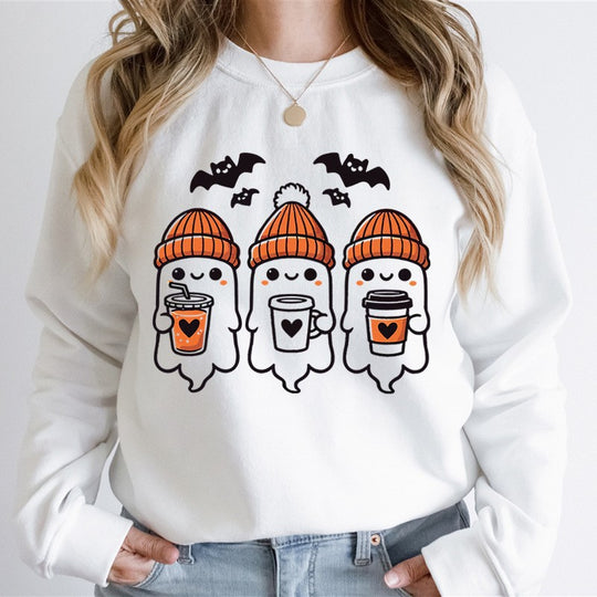Damen nan gemütlicher Halloween Grafikpullover mit niedlichen Geist-Motiven, Rundhalsausschnitt und weichem Baumwollmix EB
