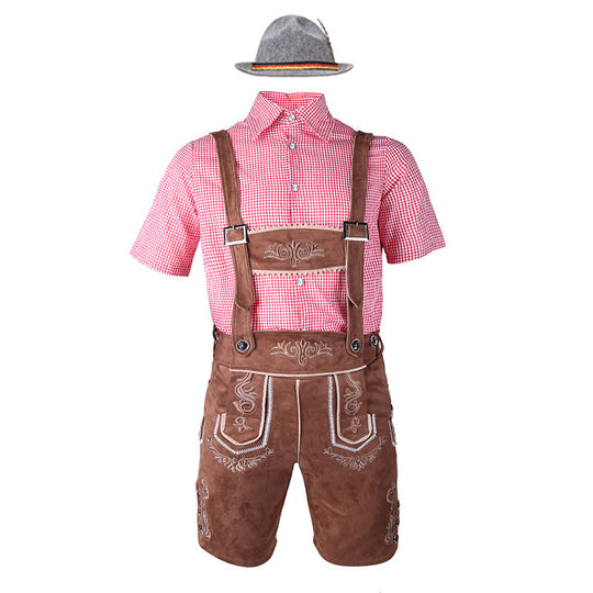 Herren nan traditionelle Trachtenlederhose mit bestickten Hosenträgern, kariertem Trachtenhemd und Filzhut EB