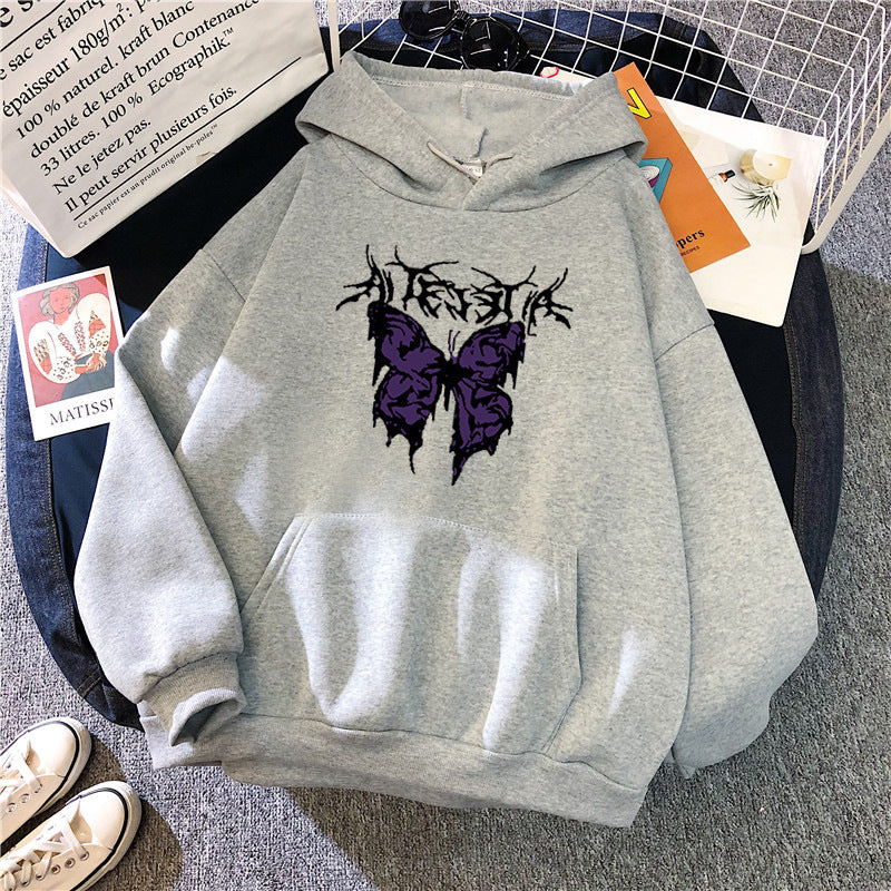 Damen nan Oversize-Kapuzenpullover mit gothischer Schmetterlings-Illustration und Kängurutasche EB