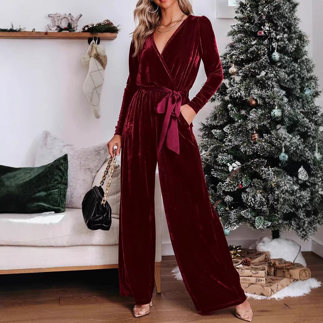 Damen Samt‑Jumpsuit mit Wickel‑V‑Ausschnitt, weitem Bein und Taillengürtel EB