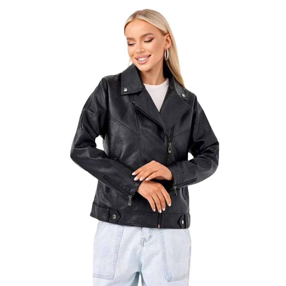 Damen hochwertige Kunstlederjacke im Biker-Stil mit asymmetrischem Reißverschluss EB