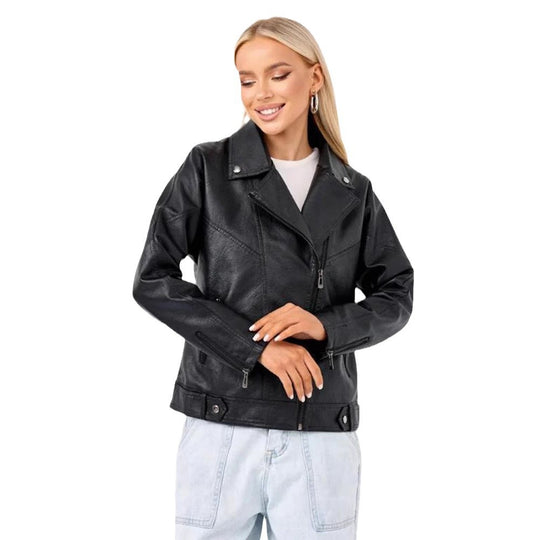 Damen hochwertige Kunstlederjacke im Biker-Stil mit asymmetrischem Reißverschluss EB