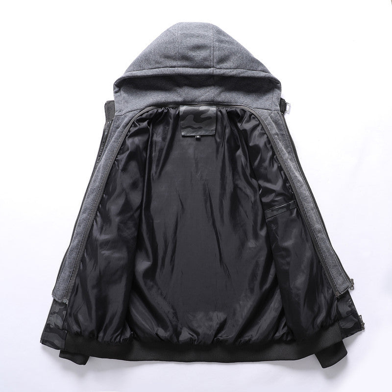 Herren Kunstlederjacke mit abnehmbarer Kapuze und multifunktionalen Taschen EB