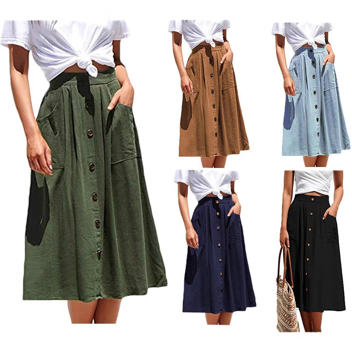 Damen Midi-Rock mit Knopfleiste und praktischen Taschen EB