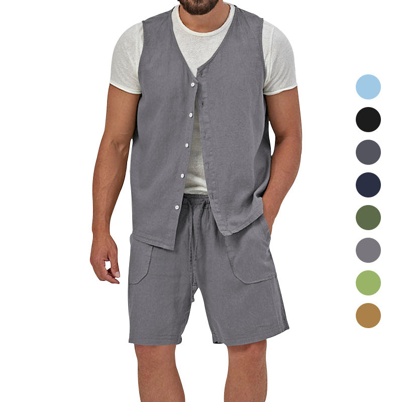 Herren nan zweiteiliges Freizeit-Set mit ärmelloser Knopfweste und weiten Kordelzug-Shorts mit aufgesetzten Taschen EB