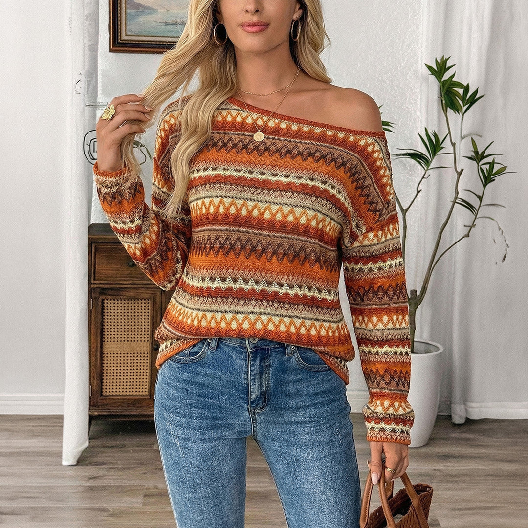 Damen nan Oversize Strickpullover mit asymmetrischem Schulterauschnitt und Norwegermuster EB