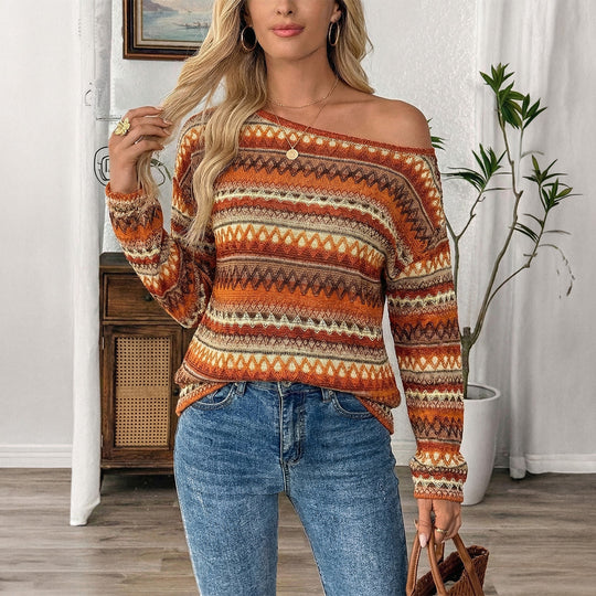 Damen nan Oversize Strickpullover mit asymmetrischem Schulterauschnitt und Norwegermuster EB