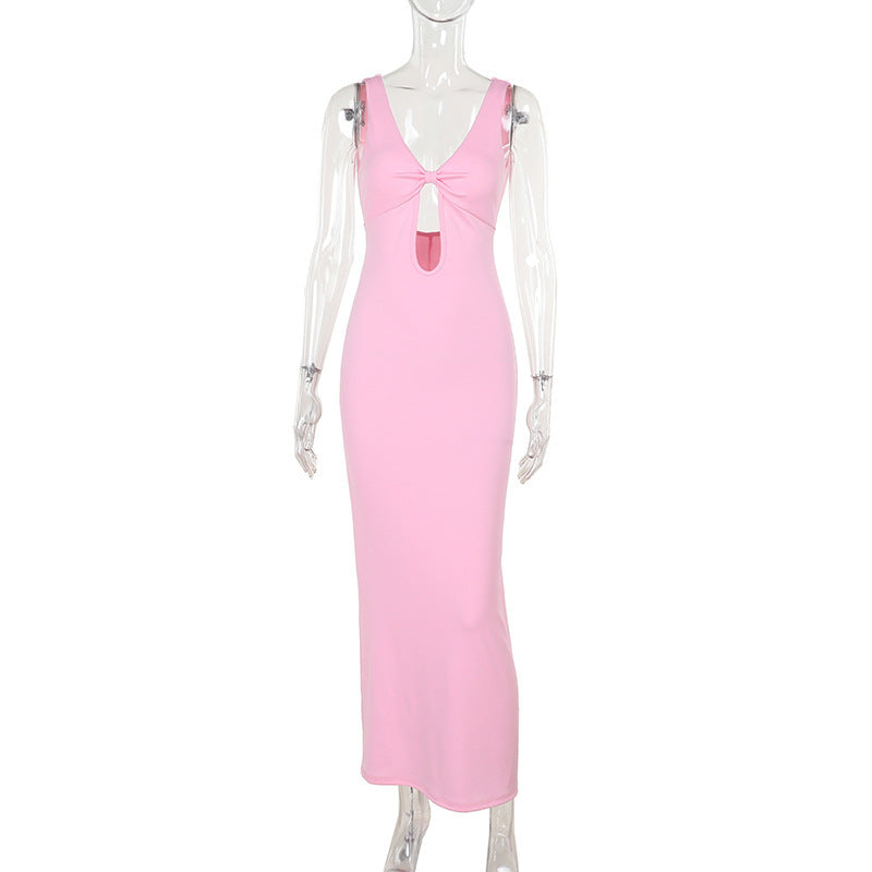 Damen figurbetontes Maxikleid mit tiefem V-Ausschnitt und Cut-Out EB