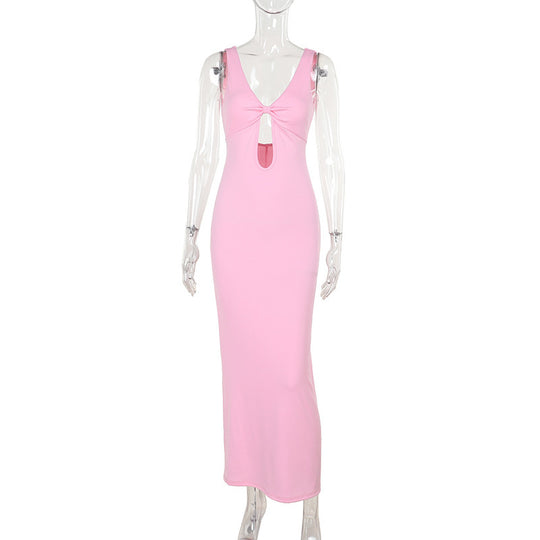 Damen figurbetontes Maxikleid mit tiefem V-Ausschnitt und Cut-Out EB