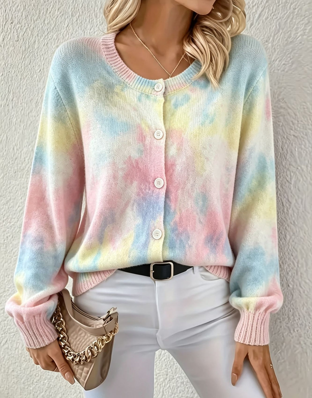 Damen Leichter Jacquard‑Strickcardigan mit Leo‑Print, Rundhalsausschnitt und Knopfleiste EB