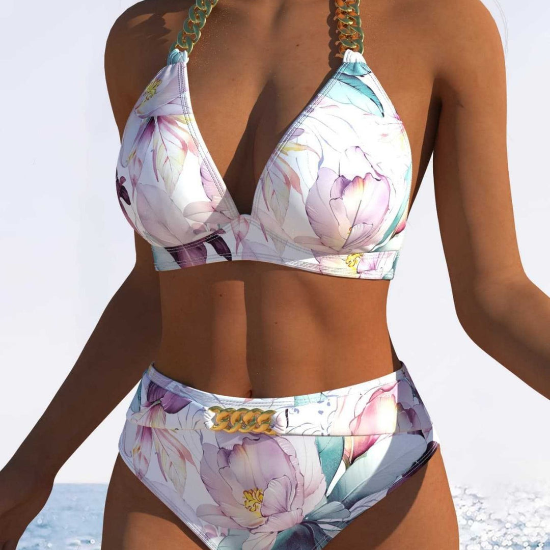 Damen Bikini-Set mit hohem Taillenschnitt und elegantem Blumendruck EB
