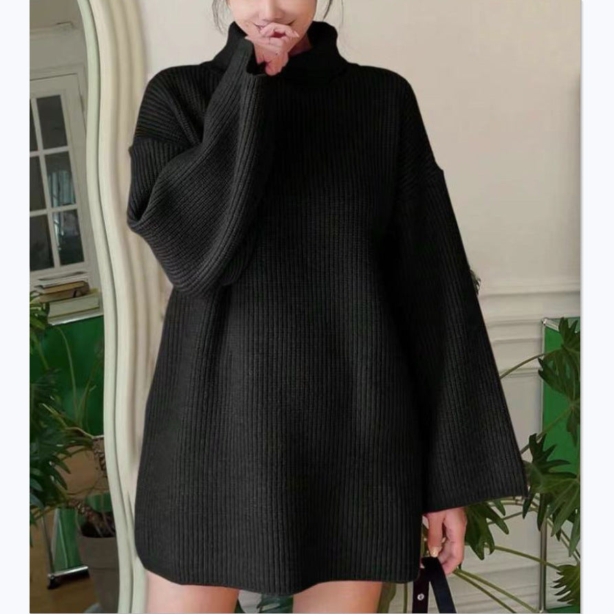 Damen Langer Strickpullover mit hohem Kragen und weit ausgestellten Ärmeln EB