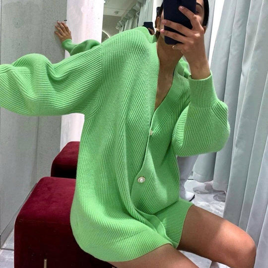 Damen Offene Strickjacke mit Knöpfen und V-Ausschnitt EB
