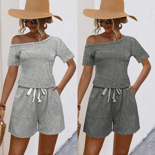 Damen lässiges Off-Shoulder Jumpsuit mit praktischem Taillenzug und kurzen Hosen EB