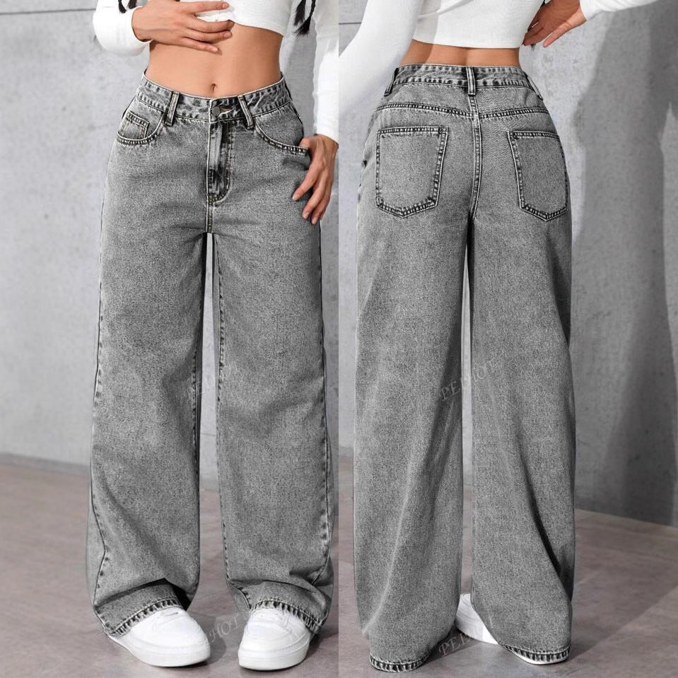 Damen Weit geschnittene Jeans mit kräftigen Kontrastnähten und verspielt gestickten Taschen EB