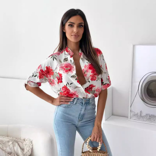 Damen Blumige Oversized Hemdbluse mit kurzen Ärmeln EB