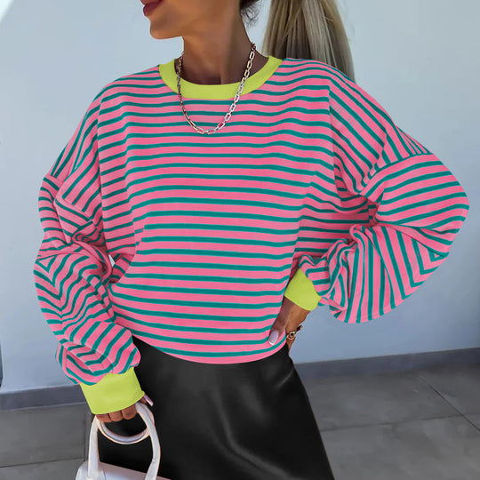 Damen lässiges gestreiftes Sweatshirt mit Boxy-Schnitt und kontrastierenden Abschlüssen EB