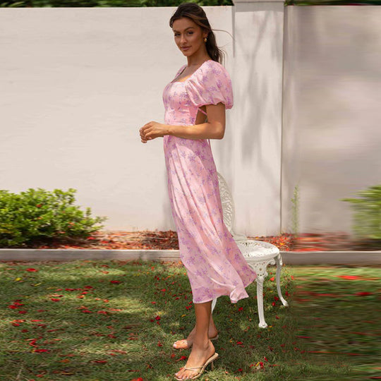 Damen Midikleid mit Puffärmeln und elegantem Blumendruck EB