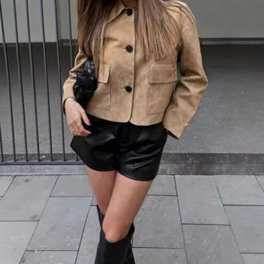 Damen Wildlederimitat Jacke mit Knopfleiste und Taschen EB