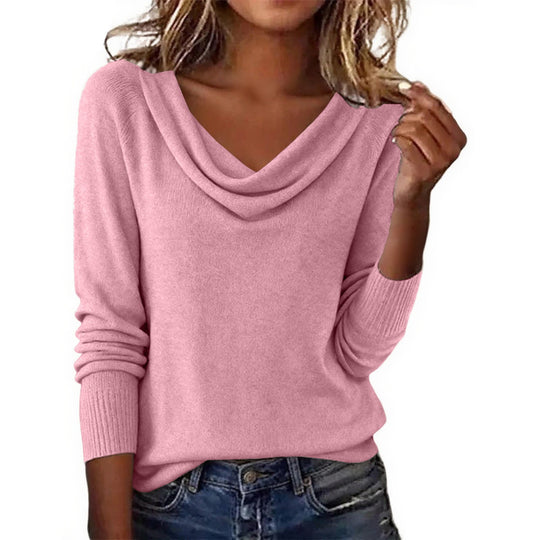 Damen Feiner Strickpullover mit Wasserfallkragen und Rippbündchen EB