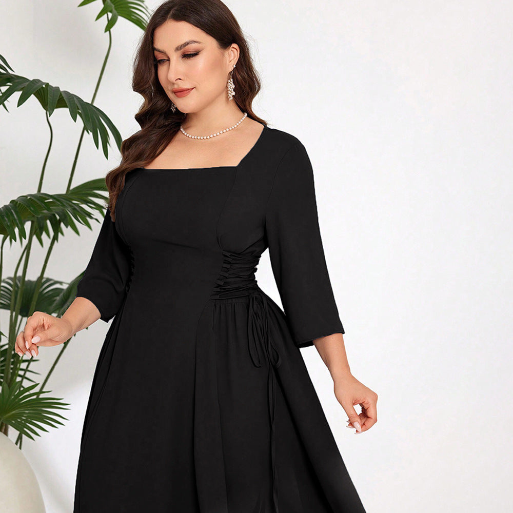 Damen Midi-Kleid mit schickem Quadrat-Ausschnitt und eleganten Rüschendetails EB