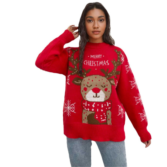 Damen Weihnachtspullover mit niedlichem Rentiermotiv und winterlichen Schneeflocken EB