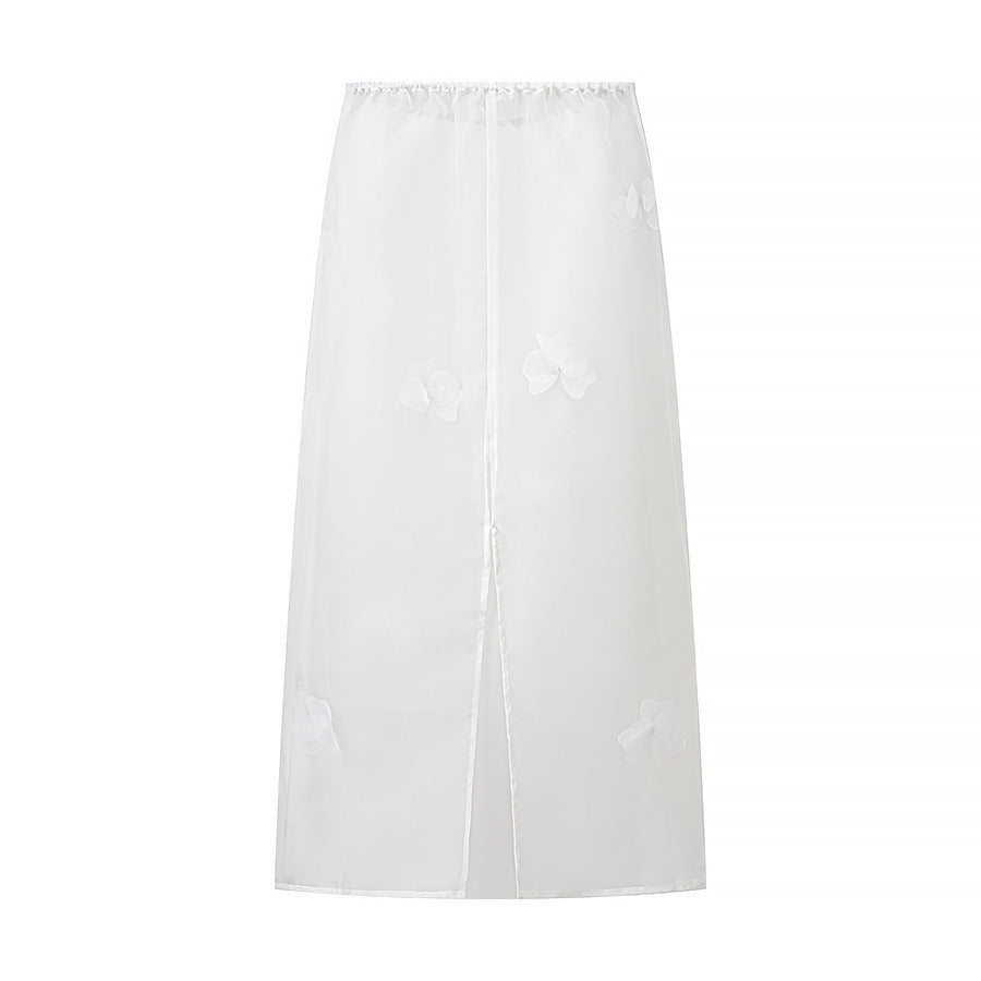 Damen lange transparente Bluse mit floralem Design und seitlichem Schlitz EB