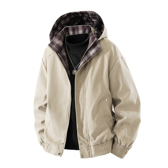 Herren gefütterte Kapuzenjacke mit kariertem Fleece-Innenfutter, elastischem Saum und verdecktem Reißverschluss EB