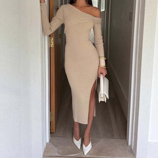 Damen nan eng anliegendes One-Shoulder-Rippenkleid mit asymmetrischem Ausschnitt und figurbetonter Midi-Silhouette EB