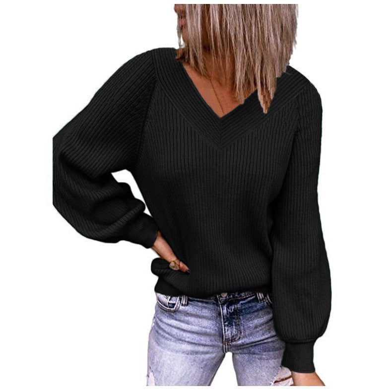 Damen Strickpullover mit V-Ausschnitt und Ballonärmeln EB