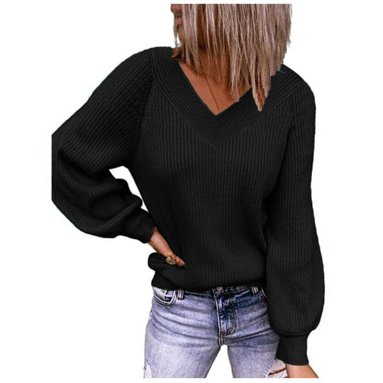 Damen Strickpullover mit V-Ausschnitt und Ballonärmeln EB