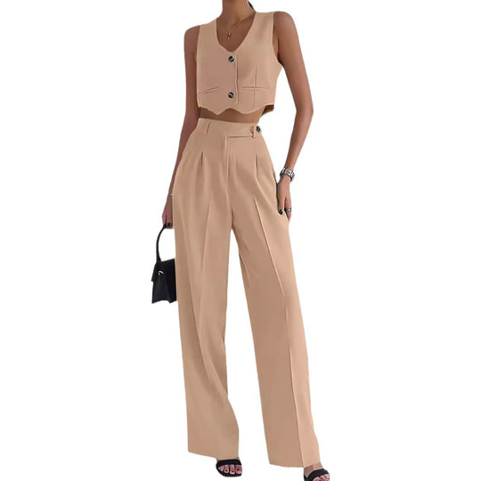 Damen trendy Zweiteiler-Anzug mit wadenlangem Hose und modernem Cropped-Top EB