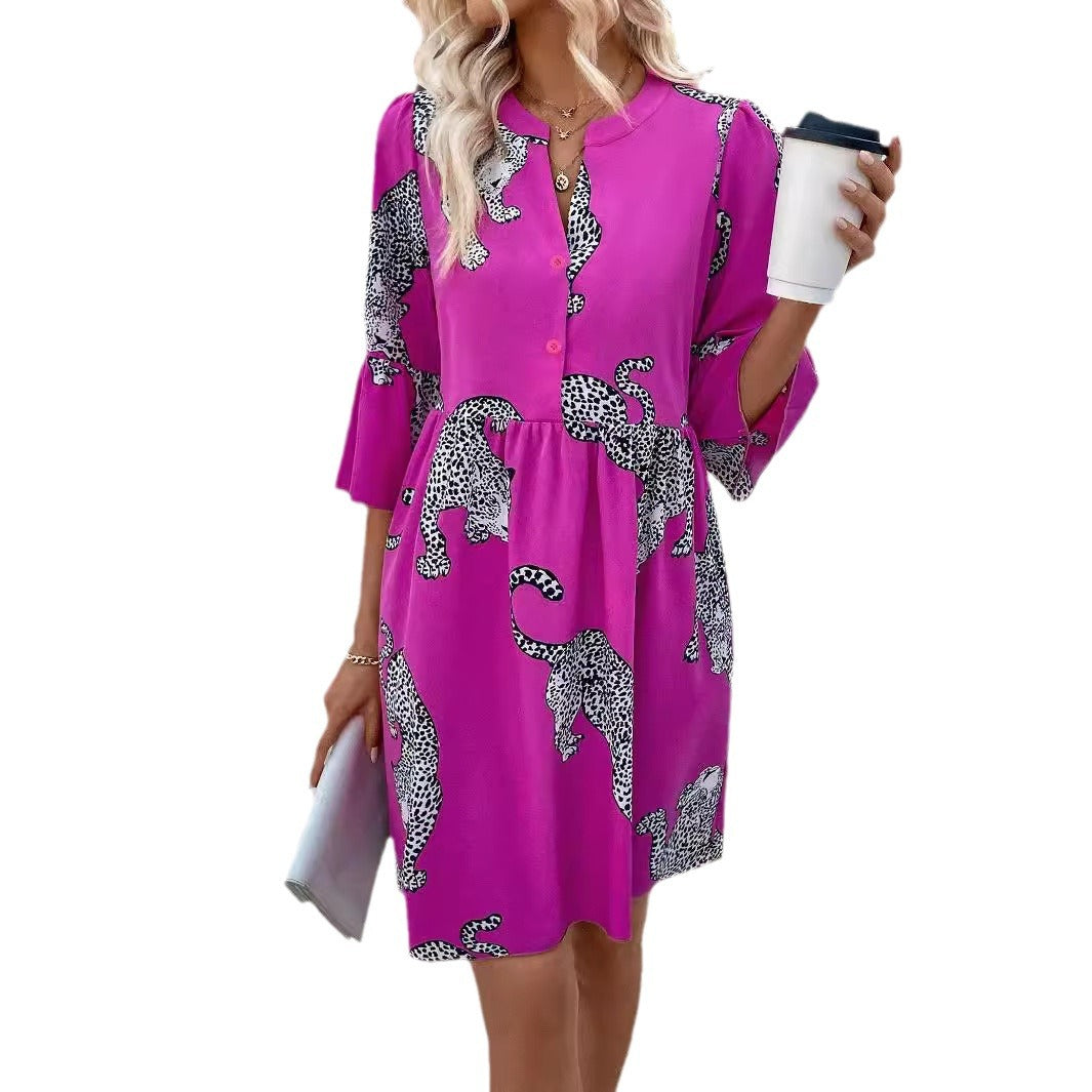 Damen Kurzarm Kleid mit lebhaftem Leopardenmuster EB