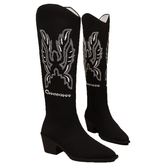 Damen Strumpfstiefel mit kreativem Verzierungsdesign und elegantem Blockabsatz EB
