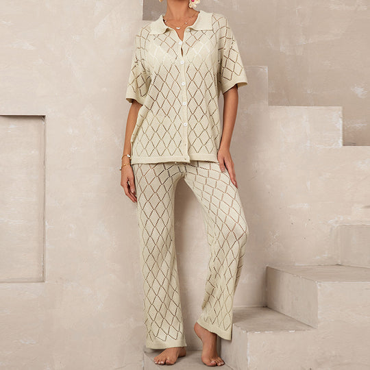 Damen elegantes Strickanzug mit modischem Rautenmuster und lockerer Passform EB