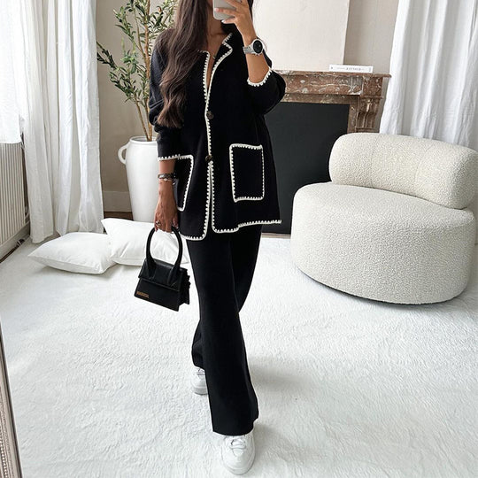 Damen elegantes Strickblazer-Set mit kontrastierenden Details EB