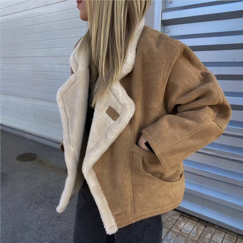 Damen kuschelige Wildlederjacke mit weichem Futter und breitem Kragen EB