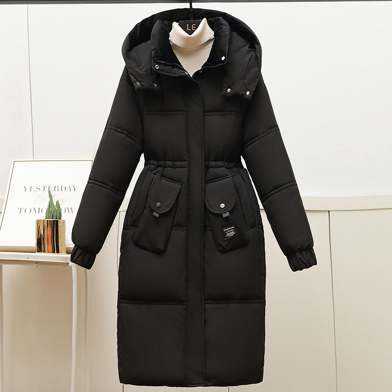 Damen Lange Pufferjacke mit abnehmbarer Kapuze und großen Taschen EB