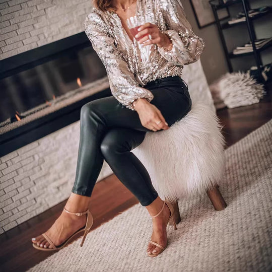 Damen Paillettenbluse mit V‑Ausschnitt und Ballonärmeln EB