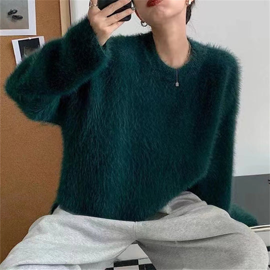 Damen Flauschiger Pullover mit lässigem Schnitt und hohem Rundhalsausschnitt EB