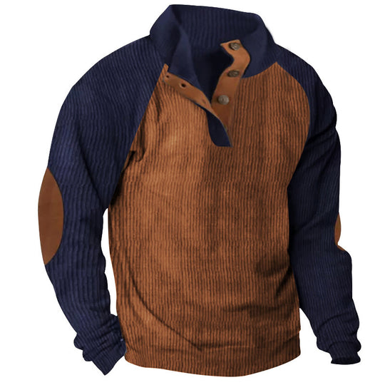 Herren Strukturiertes Raglan-Henley-Pullover mit Stehkragen, Ellenbogenpatches & Knopfleiste EB