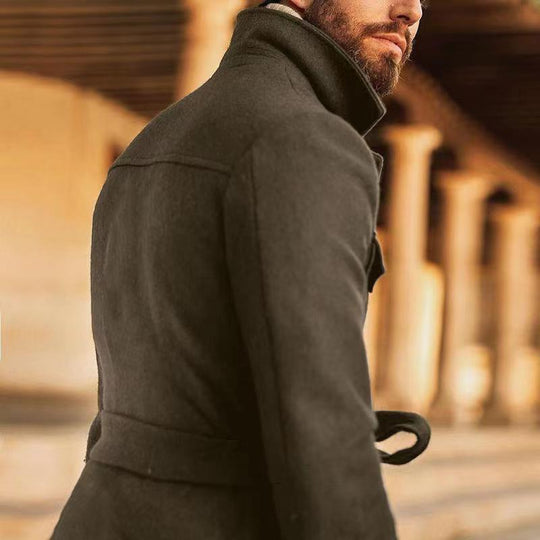 Herren multifunktionale Wool-Jacke mit Gürtel und Taschen EB