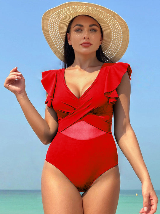 Damen Eleganter Einteiler Badeanzug mit asymmetrischem Rüschendesign EB